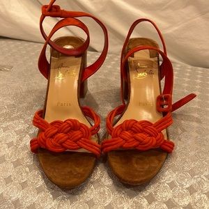 Christian louboutin Orange Ella 85mm Knotted Suede Strap Ankle Strap Block